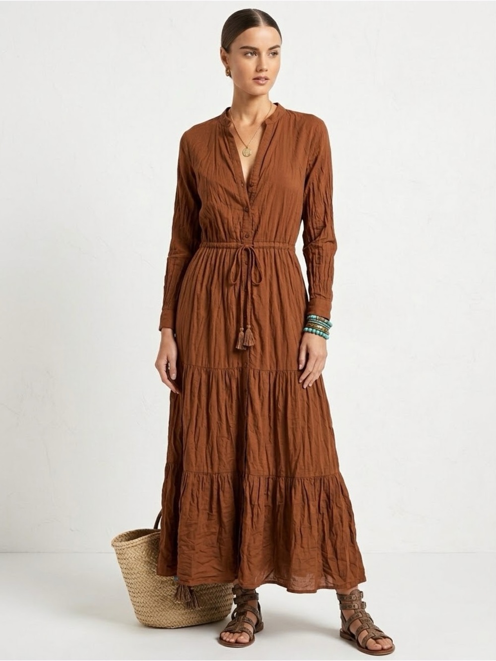 Mango Brown Tiered Maxi Dress with Tie Waist Size M